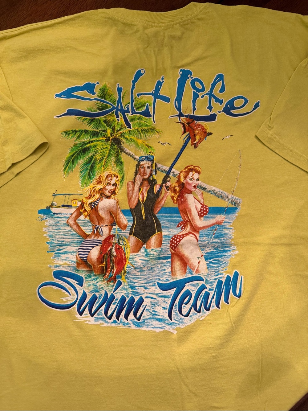 Salt Life Swim Team Pocket T-Shirt Yellow & Blue XL